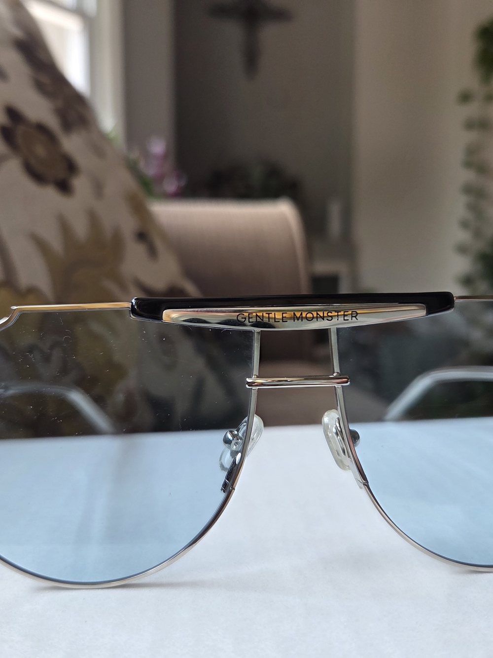 GENTLE MONSTER Silver Metal Aviator Sunglasses with Light Blue Lenses